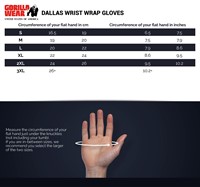 Dallas Wrist Wraps Gloves size chart
